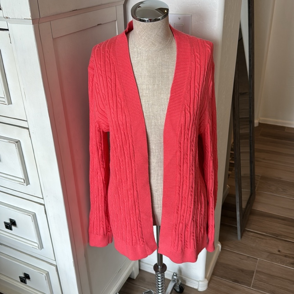 Talbots L cable knit open front cardigan